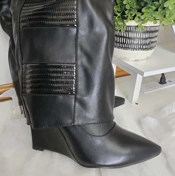 NWT Azalea Wang Victoria Knee High Wedge Boots Black Size 10 - Picture 3 of 12